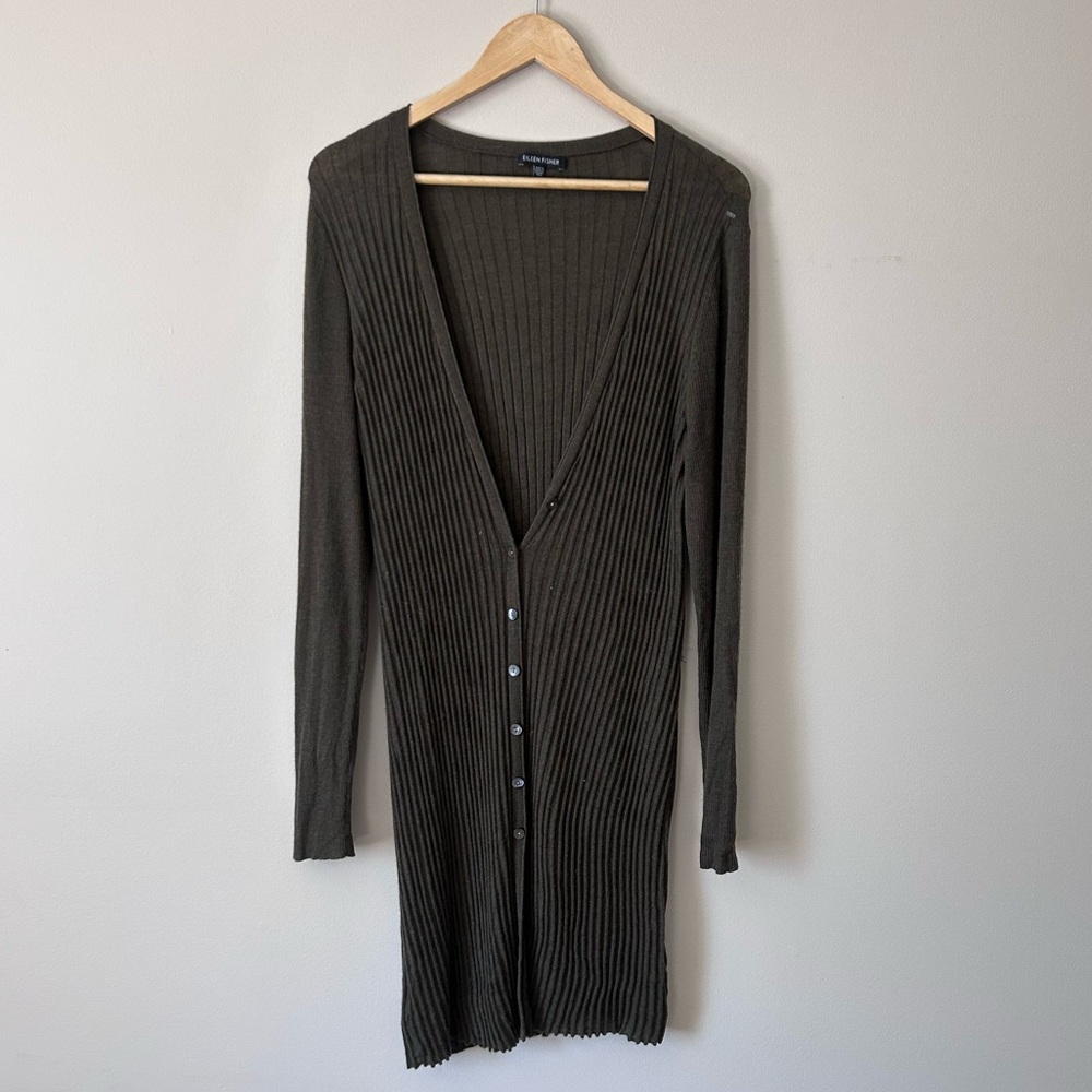 Eileen Fisher Olive Ribbed Merion Wool Knit Long Cardigan Sweater Size XL